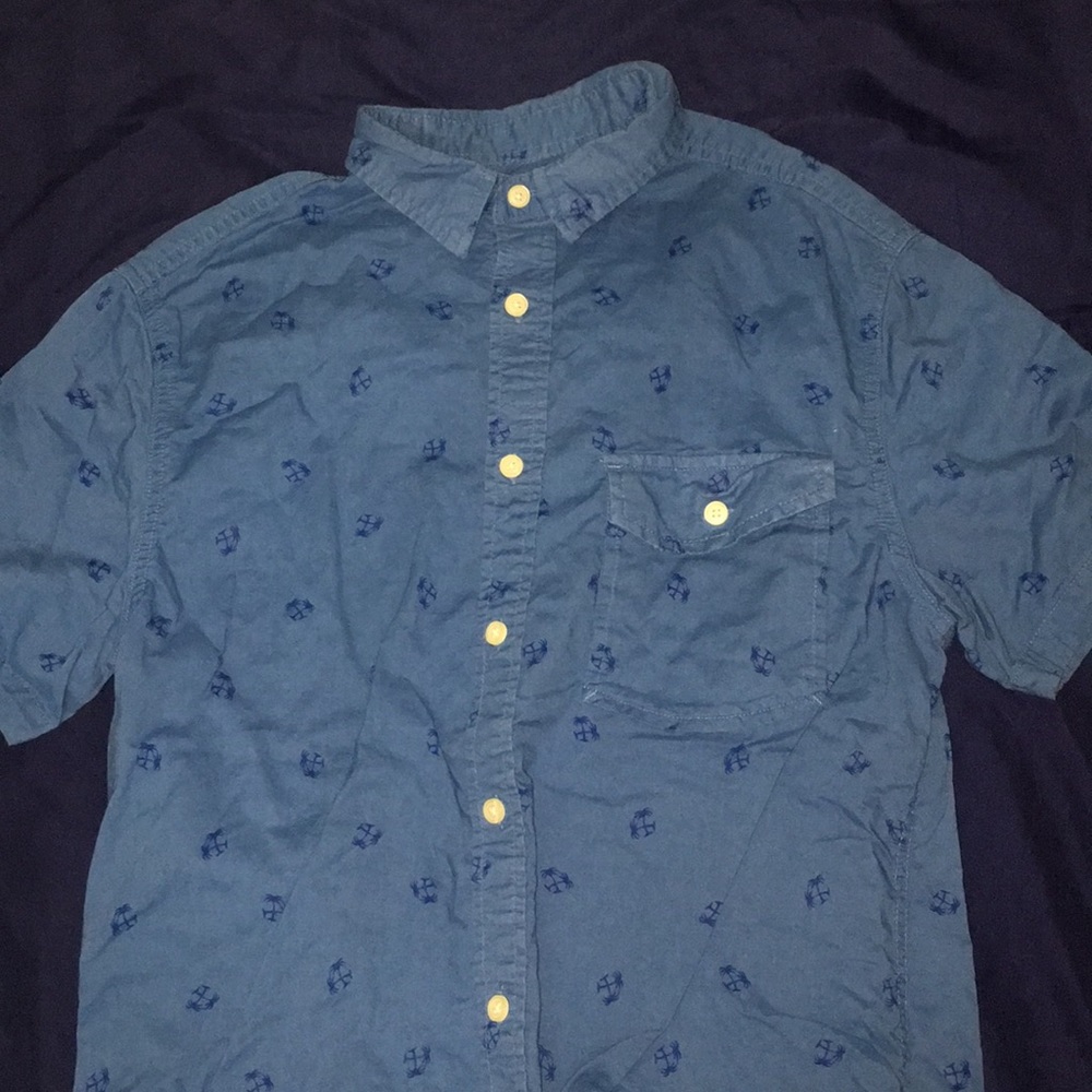 Short Sleeve Blue Palm Tree Print Button Up Shirt